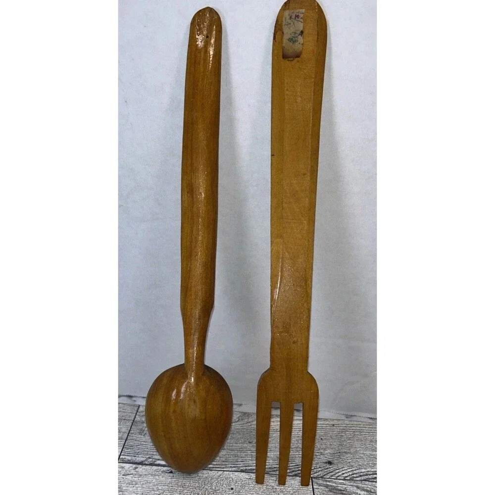 Hand Carved & Painted Wood Small Serving Fork & Spoon Set with Flowers